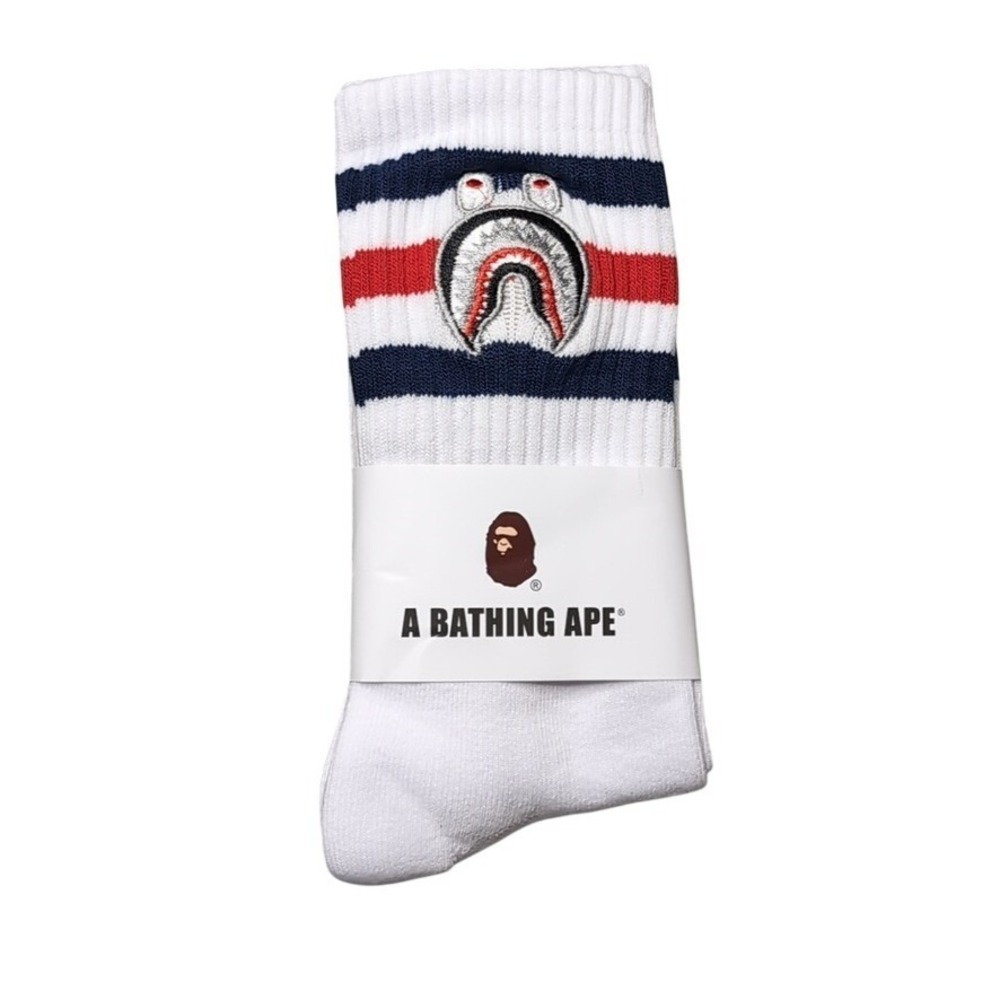 Bape Crew Socks Embroidered Shark Head Striped Mens Womens‎ Unisex Sz 9-11 White